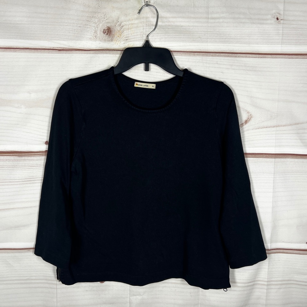 Marine Layer 3/4 Sleeve Top Womens XL Black Solid Side Zip Cotton Modal Basic